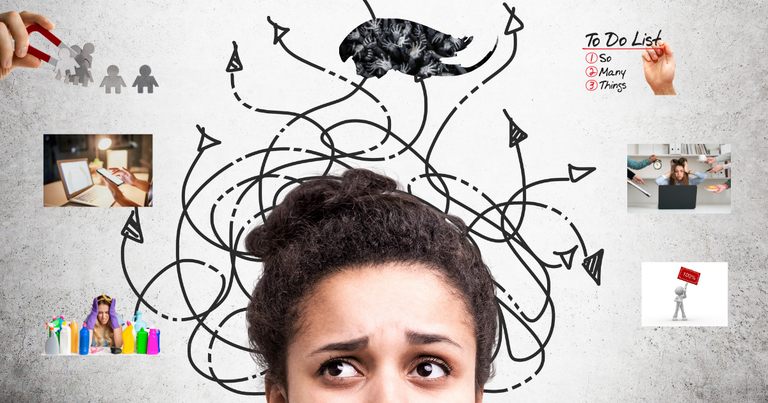 Frauenkopf mit Symbolen für Energieräuber wie Grübelschleifen, To-do-Listen und digitale Ablenkung, die Energie ziehen